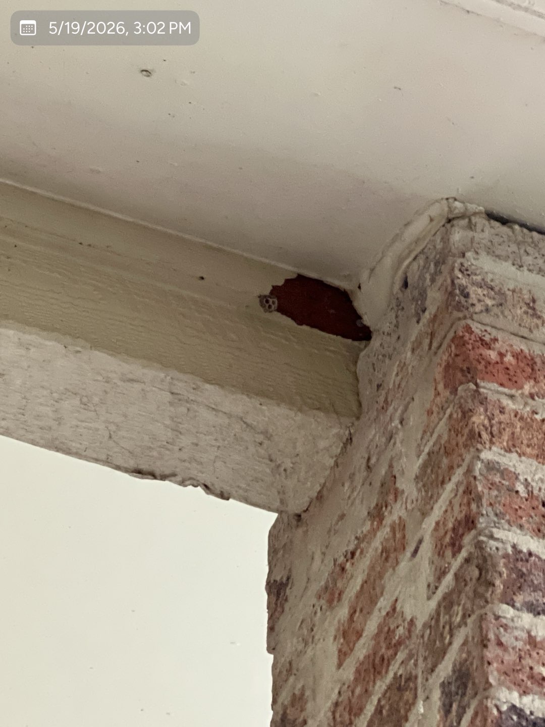 Damaged exterior trim beside a brick column requiring repair