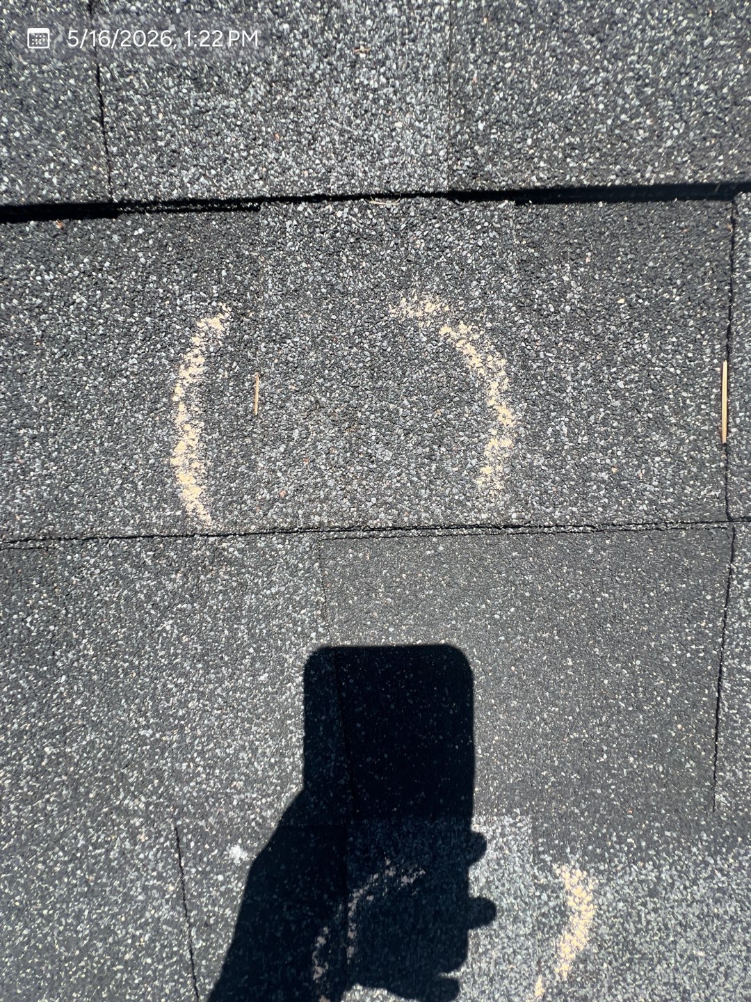 Multiple marked shingle areas documented during an MVP roof inspection